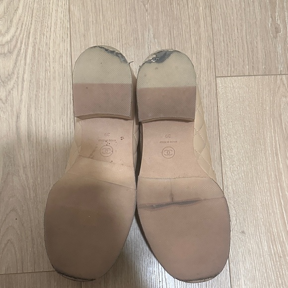 CHANEL Quilted Beige Loafers with Gold Accent